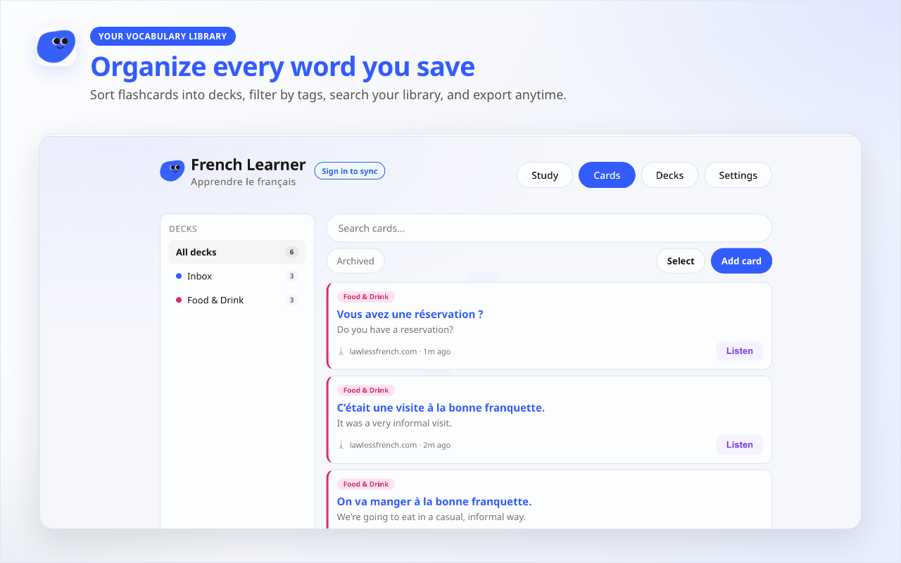 French Learner extension: organize flashcards into decks and search your vocabulary library